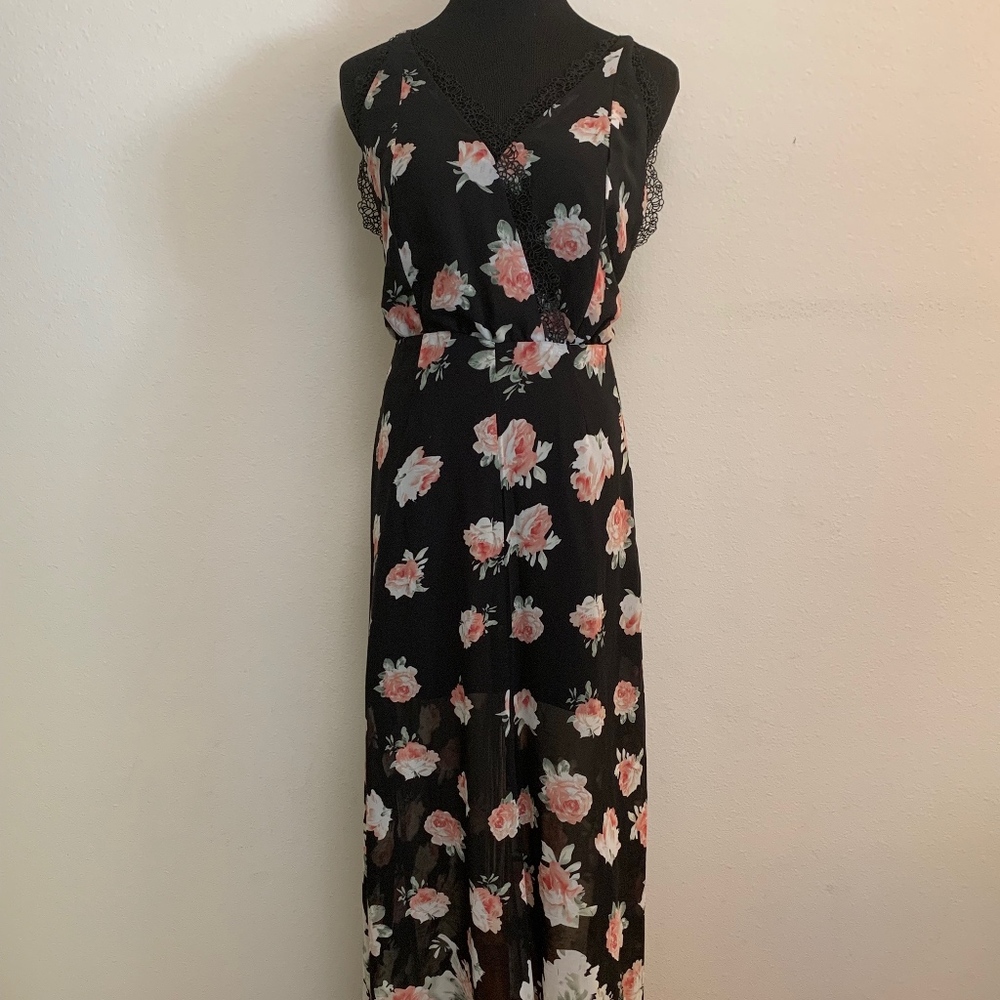Black floral print spaghetti strap sundress